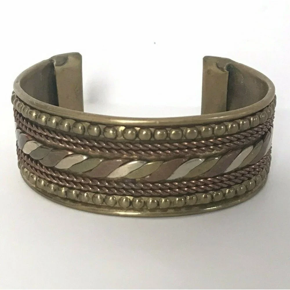 Brass Multi Colored Braided Wide Cuff Bracelet